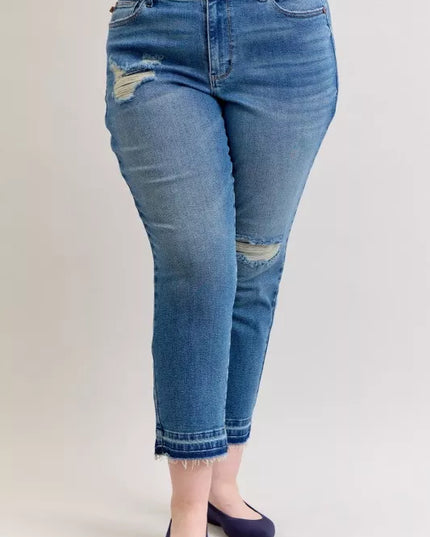 Judy Blue Full Size Mid Rise Bf Patch & Repair Destroy Release Hem Jeans Plus Size - Sleekdenim.com