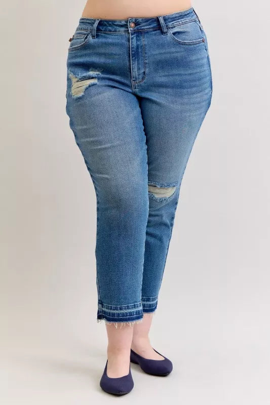Judy Blue Full Size Mid Rise Bf Patch & Repair Destroy Release Hem Jeans Plus Size - Sleekdenim.com