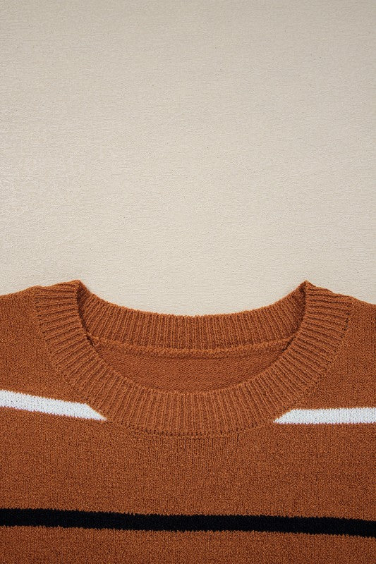 Stripe Ribbed Trim Drop Shoulder Sweater - Sleekdenim.com