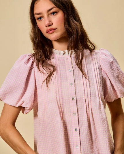 SO ME Gingham Lace Trim Button Bubble Sleeves Blouse - Sleekdenim.com