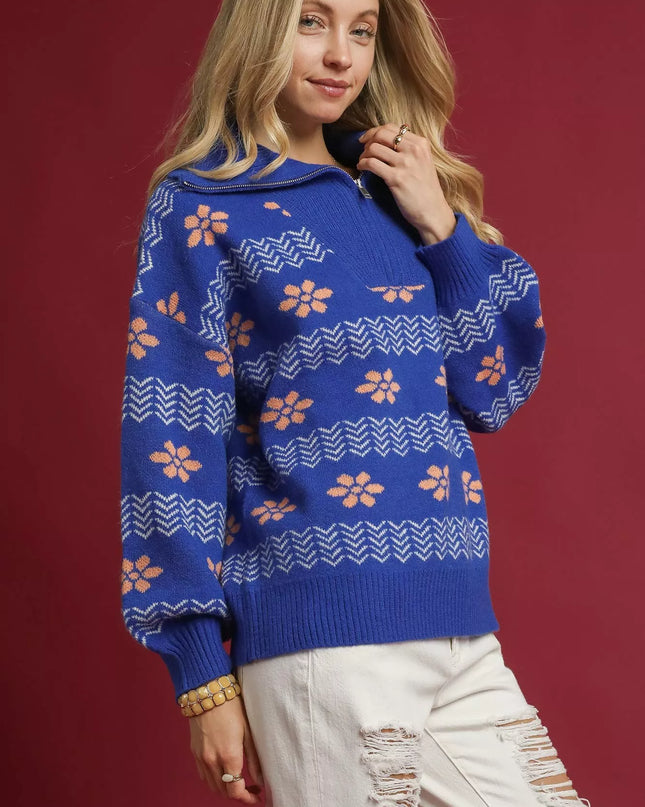 Umgee Floral Patterned Jacquard Quarter-Zip Pullover Sweater - Sleekdenim.com