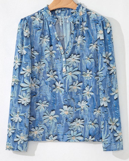 Floral Half Placket Collared V-Neck Blouse - Sleekdenim.com