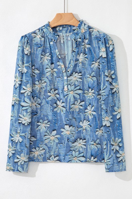 Floral Half Placket Collared V-Neck Blouse - Sleekdenim.com