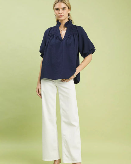 Umgee Textured Smocked Yoke Split-Neck Top - Sleekdenim.com