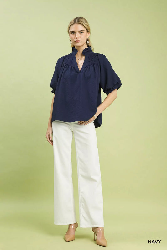 Umgee Textured Smocked Yoke Split-Neck Top - Sleekdenim.com