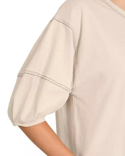 Zenana Balloon Sleeve Top with Contrast Stitching - Sleekdenim.com