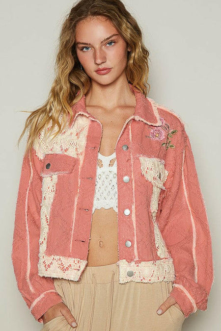 POL Crochet Patch Embroidered Button Up Jacket | Sleekdenim.com