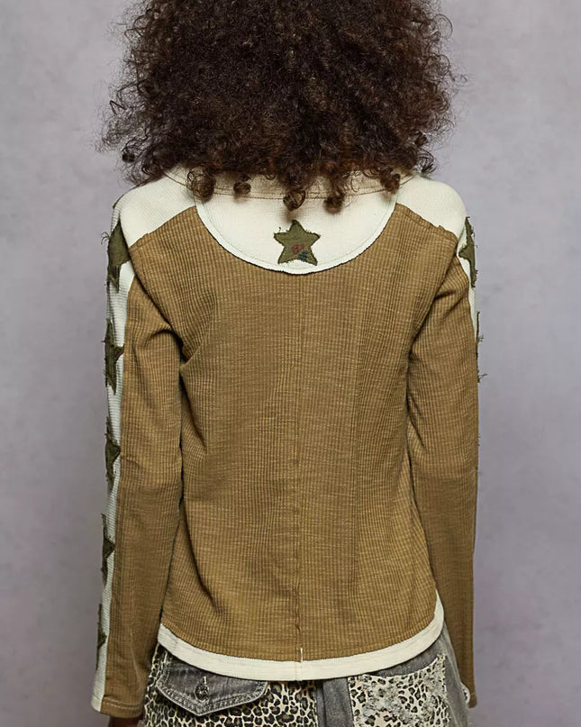 POL Round Neck Long Sleever T-Shirt with Star Patch - Sleekdenim.com