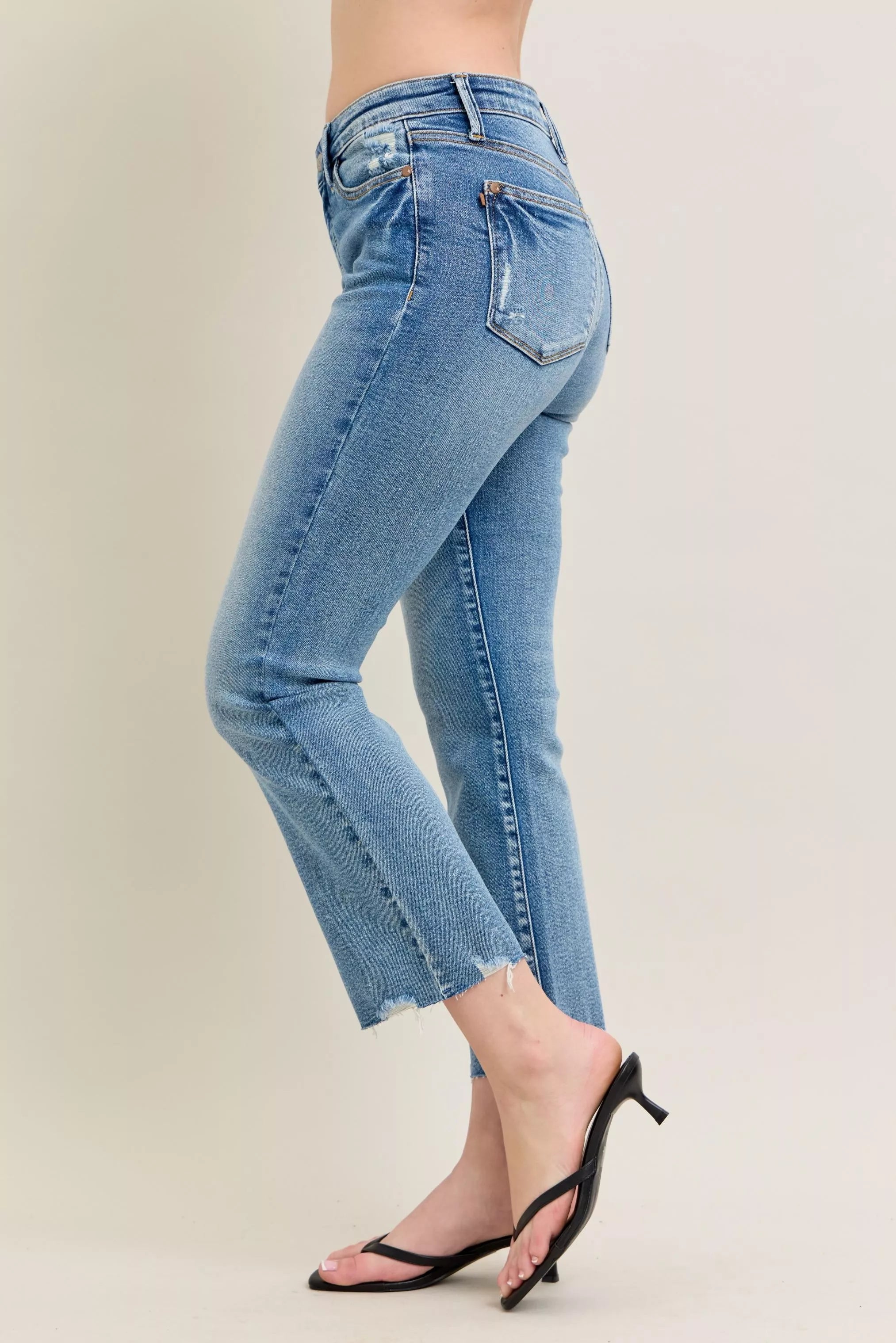 Judy Blue Mid Rise Vintage Wash Destroy Hem Kick Flare Jeans 88979