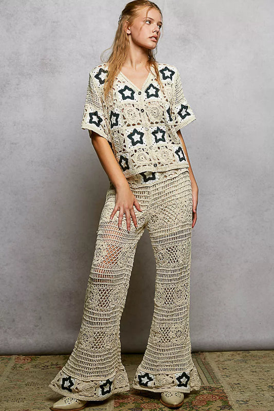 POL Openwork Crochet Flare Pants with Contrast Star - Sleekdenim.com