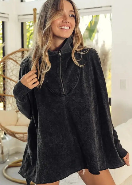 BiBi Vintage Washed Quilted Half Zip Top - Sleekdenim.com