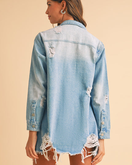 Beau Blue Light Wash Distressed Frayed Long Denim Shacket - Sleekdenim.com
