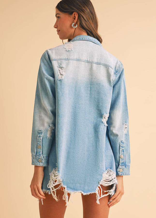 Beau Blue Light Wash Distressed Frayed Long Denim Shacket - Sleekdenim.com