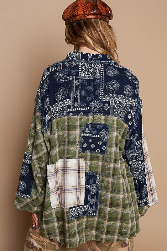 POL Patchwork Plaid Button Up Shirt - Sleekdenim.com