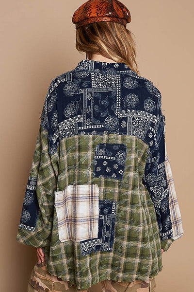 POL Patchwork Plaid Button Up Shirt - Sleekdenim.com