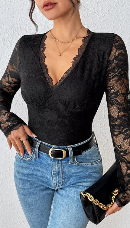 Lace Long Sleeve Bodysuit - Sleekdenim.com