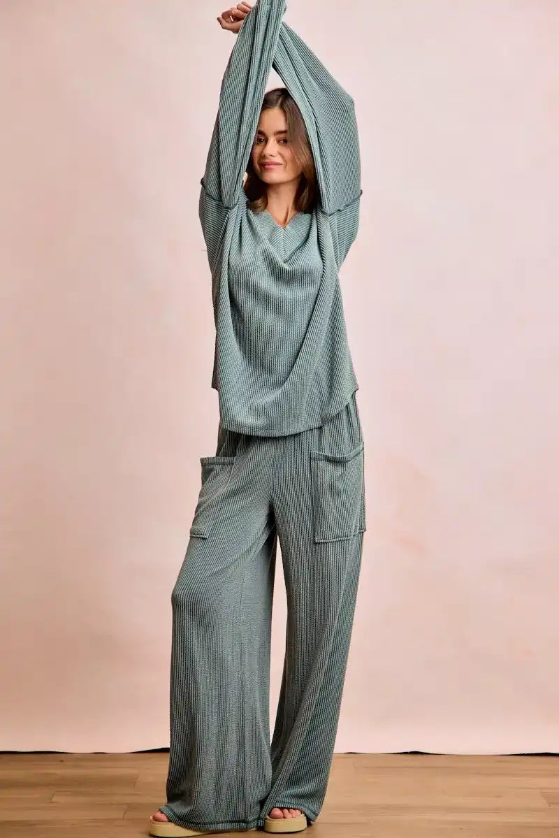 BiBi Two Tone Cord Rib Contrast Stitching V-Neck Top and Pants Set - Sleekdenim.com