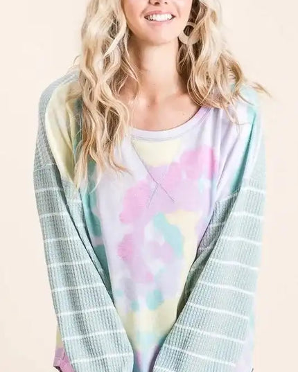 BiBi Tie Dye Terry Top with Wide Stripe Thermal Waffle - Sleekdenim.com