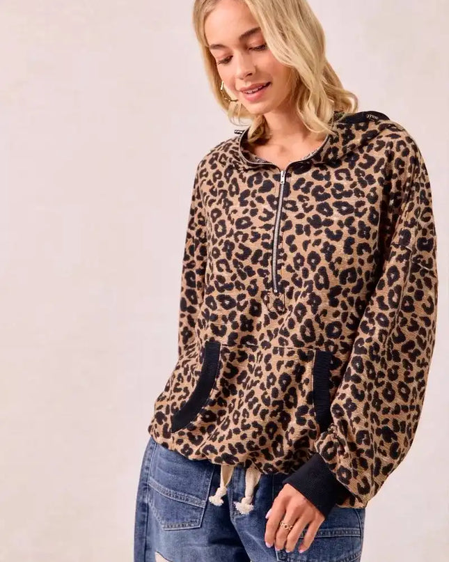 BiBi Leopard Print Waffle Half Zip Up Hoodie W Pocket - Sleekdenim.com