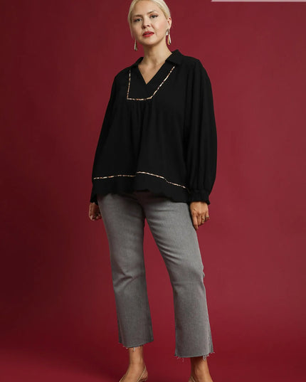 Umgee Full Size Linen Scallop Hem Blouse with Contrast Trim Plus Size - Sleekdenim.com