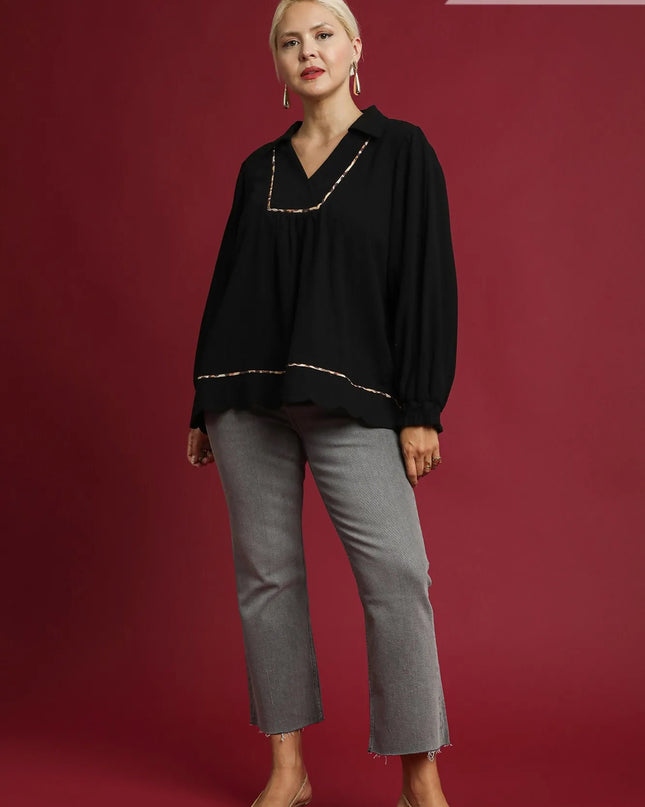Umgee Full Size Linen Scallop Hem Blouse with Contrast Trim Plus Size - Sleekdenim.com