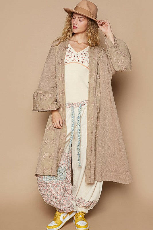 POL Flower Lace Trim Open Front Longline Cardigan Khaki