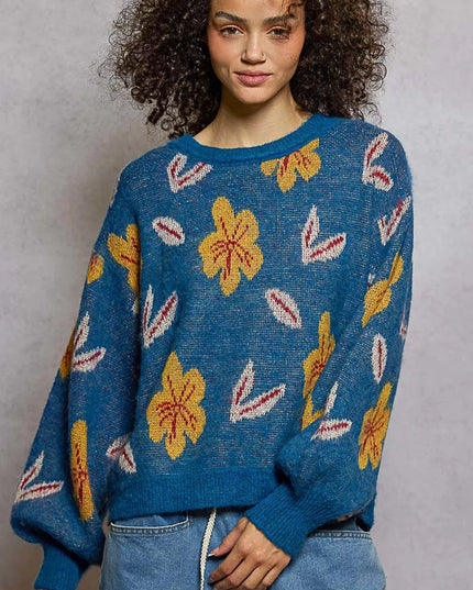 POL Floral Pattern Round Neck Balloon Sleeve Sweater - Sleekdenim.com