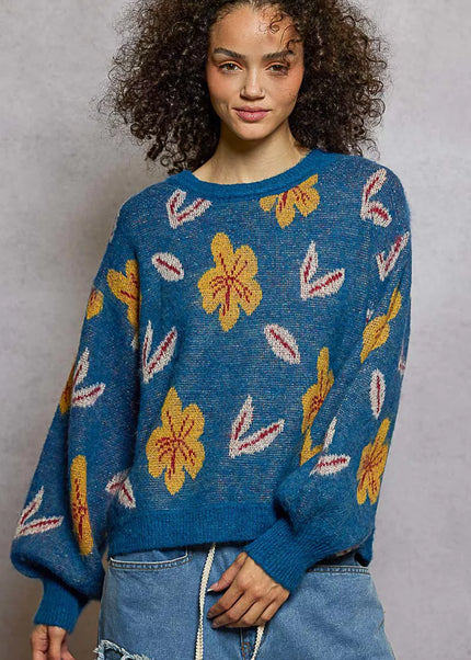 POL Floral Pattern Round Neck Balloon Sleeve Sweater - Sleekdenim.com