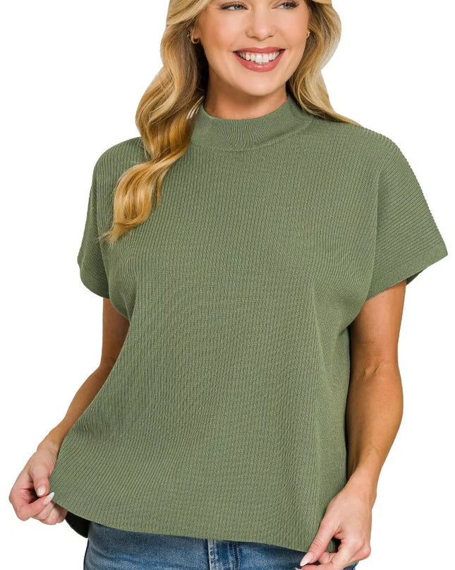 Zenana Viscose Mock Neck Short Sleeve Boxy Sweater - Sleekdenim.com