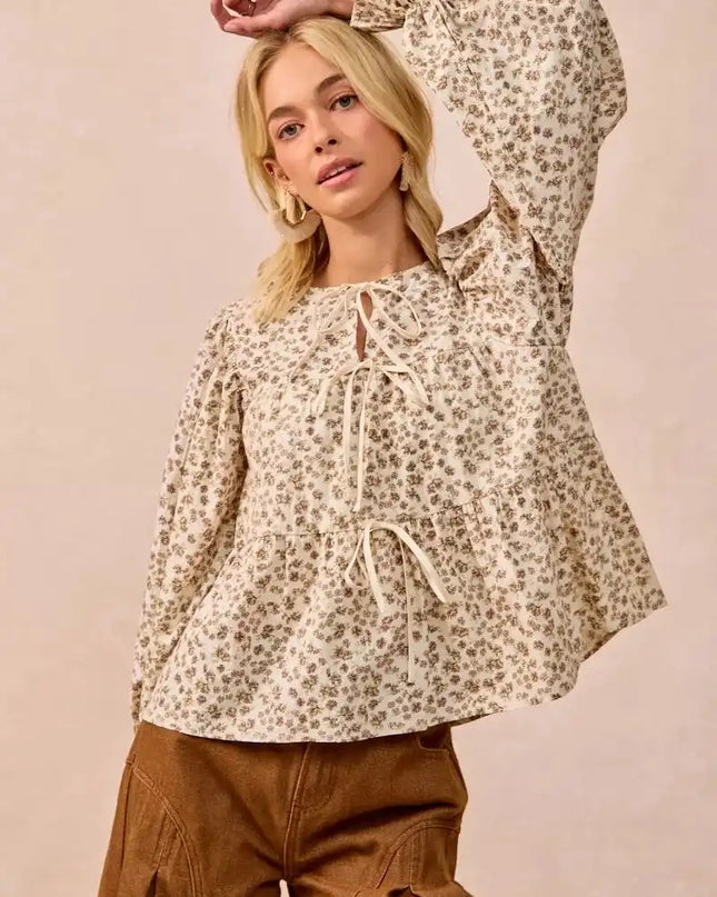 BiBi Floral Printed Peplum Blouse with Shirring and Tied - Sleekdenim.com