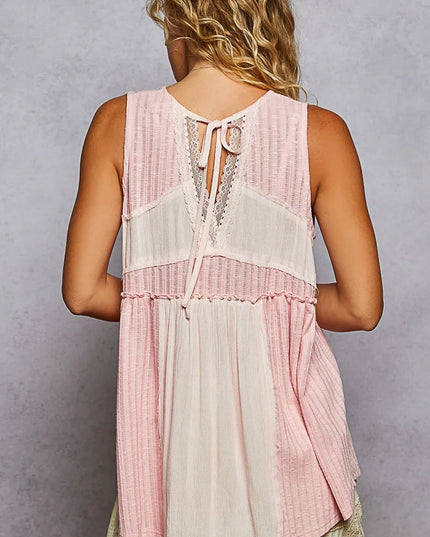 POL Lace Trim Two-Tone Tank with Pintuck Detail - Sleekdenim.com