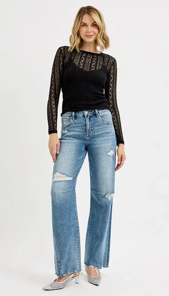 Risen Mid Rise Wide Leg Baggy Leg Tie Washed Jeans PW21243 - Sleekdenim.com