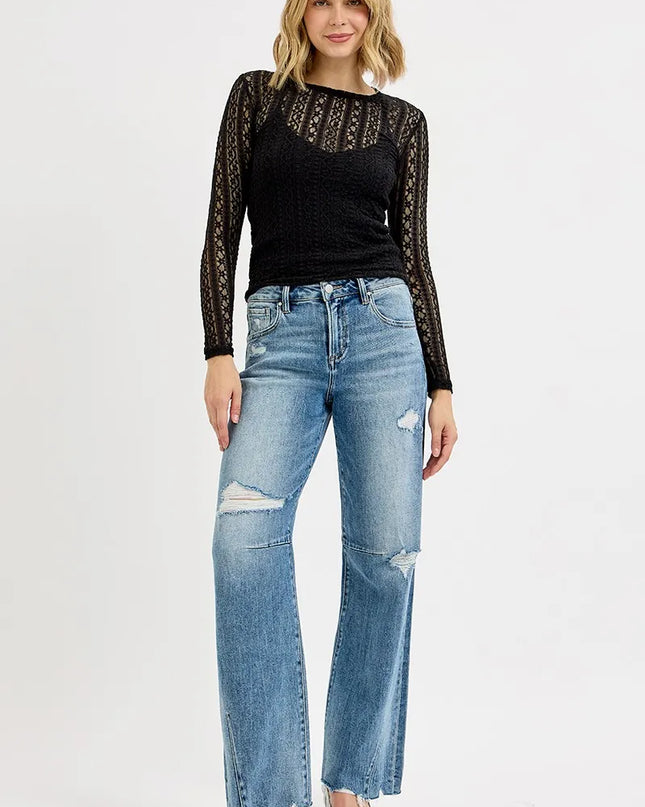 RISEN Full Size Mid Rise Fit Wide Baggy Leg Tie Washed Jeans Plus Size - Sleekdenim.com