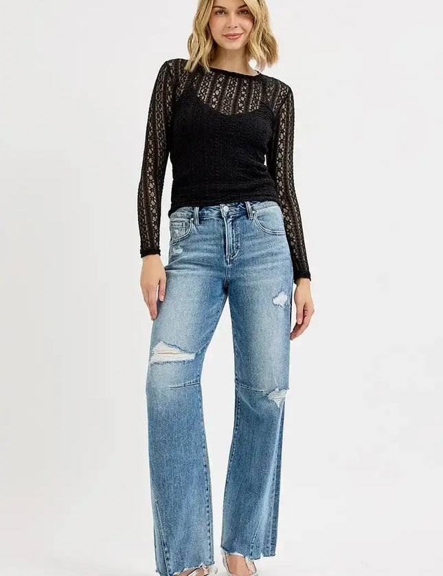 Risen Mid Rise Wide Leg Baggy Leg Tie Washed Jeans PW21243 - Sleekdenim.com