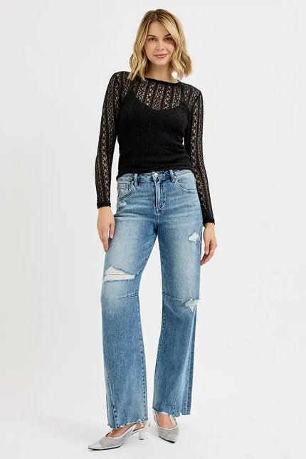 Risen Mid Rise Wide Leg Baggy Leg Tie Washed Jeans PW21243 - Sleekdenim.com