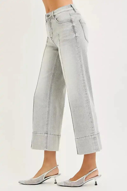 RISEN Tummy Control Mid Rise Crop Wide Pintuck Front Jeans PWC21271