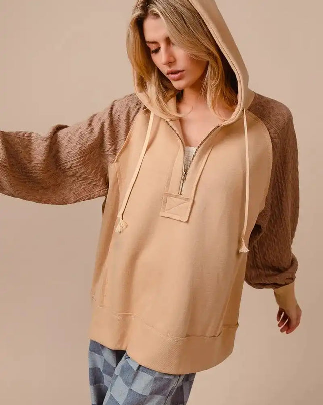 BiBi Half Zip French Terry Hoodie with Kint Sleeves - Sleekdenim.com