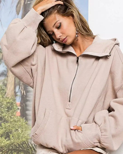 BiBi Stitch Detailed Elastic Hem Half Zip Fleece Hoodie - Sleekdenim.com