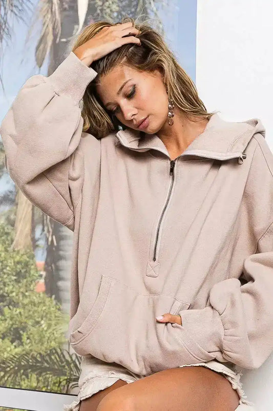 BiBi Stitch Detailed Elastic Hem Half Zip Fleece Hoodie