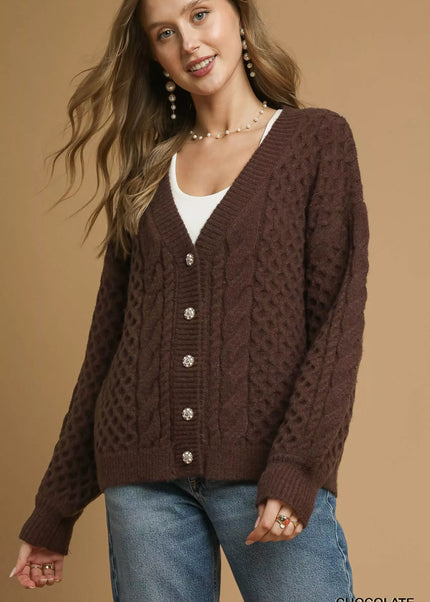 Umgee Cable Knit Pearl Button Cardigan - Sleekdenim.com