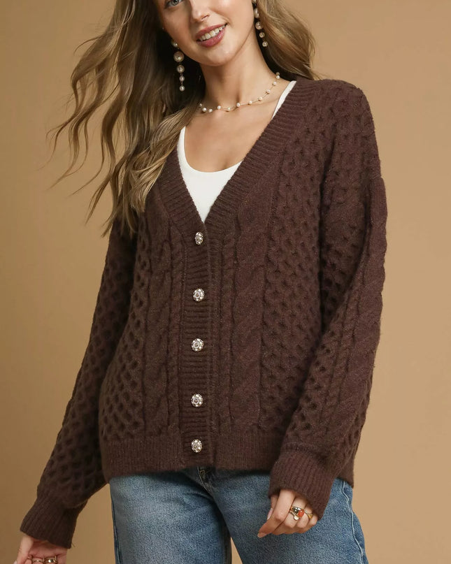 Umgee Cable Knit Pearl Button Cardigan - Sleekdenim.com