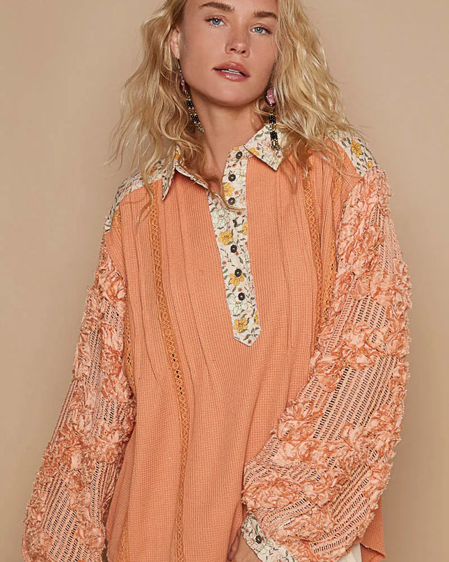 POL Floral Half Button Lace Detail Long Sleeve Top - Sleekdenim.com