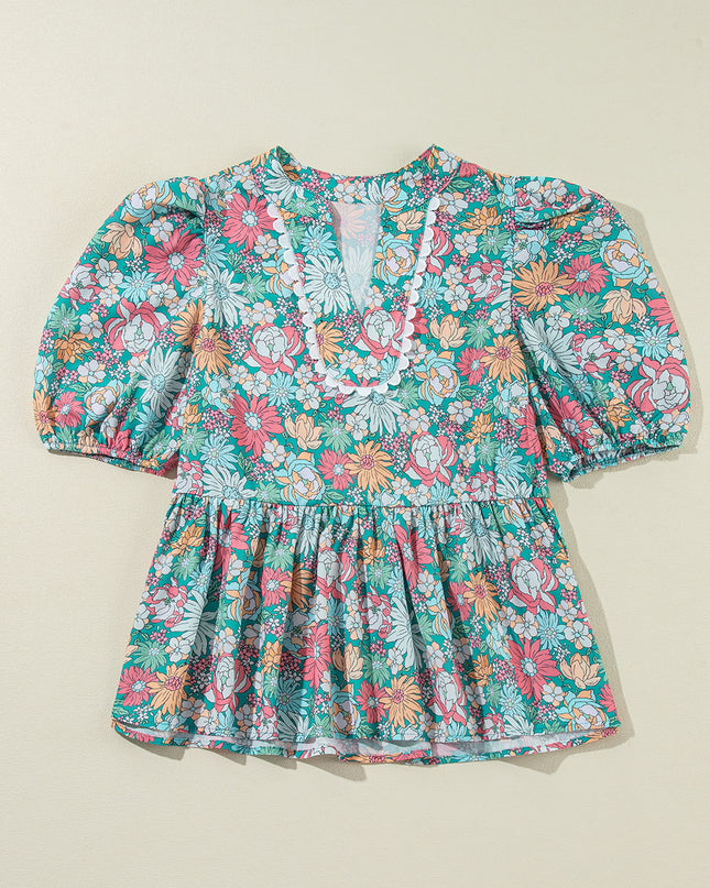 Multicolour Floral Print Short Puff Sleeve V Neck Boho Peplum Blouse - Sleekdenim.com