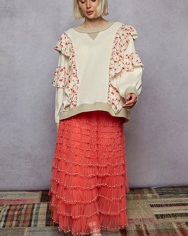 POL Round Neck Sweater with Floral Ruffle Detail - Sleekdenim.com