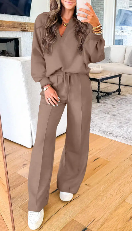 Polo Collar V Neck Pullover and Drawstring Sweatpants Set - Sleekdenim.com