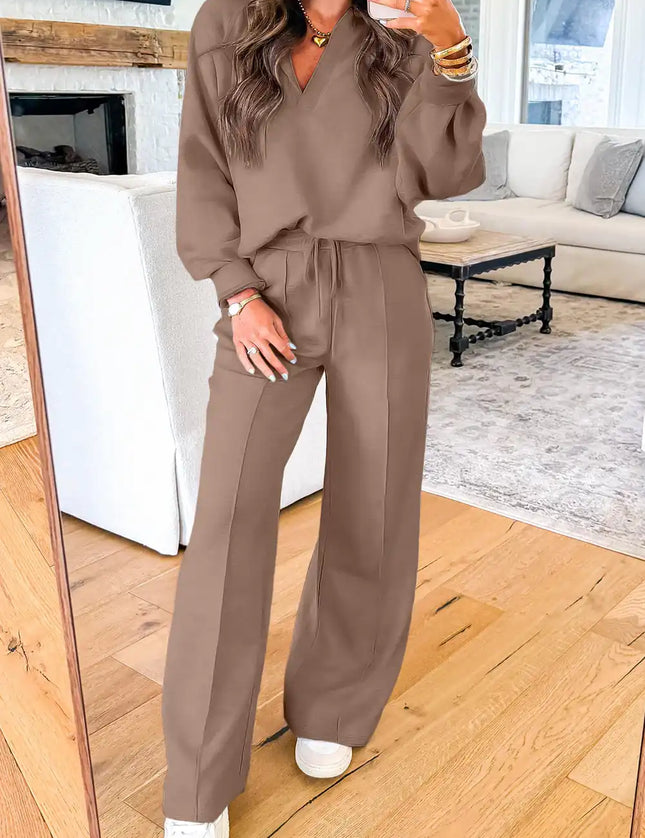 Polo Collar V Neck Pullover and Drawstring Sweatpants Set - Sleekdenim.com