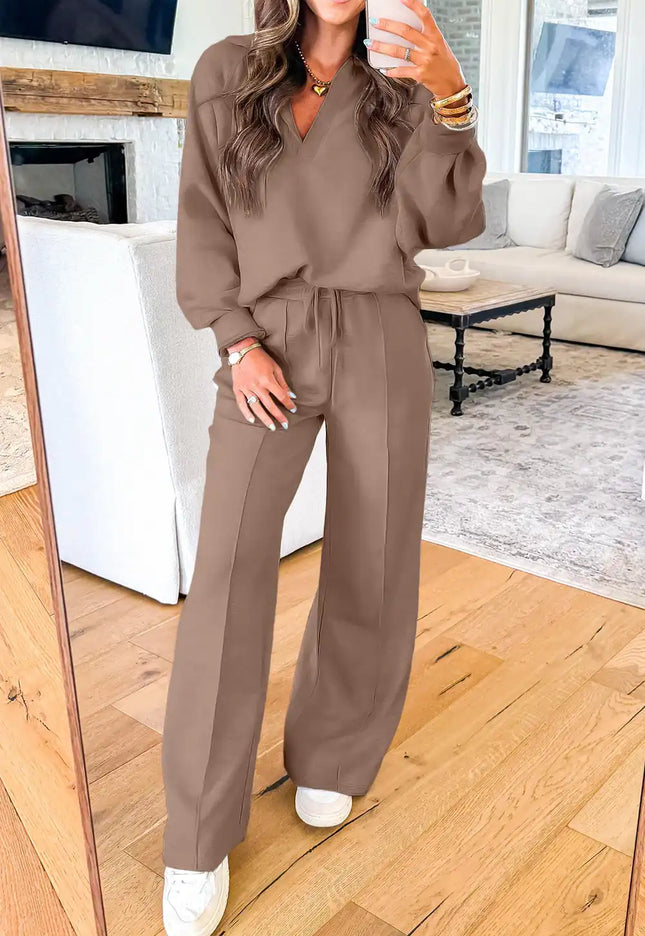 Polo Collar V Neck Pullover and Drawstring Sweatpants Set - Sleekdenim.com