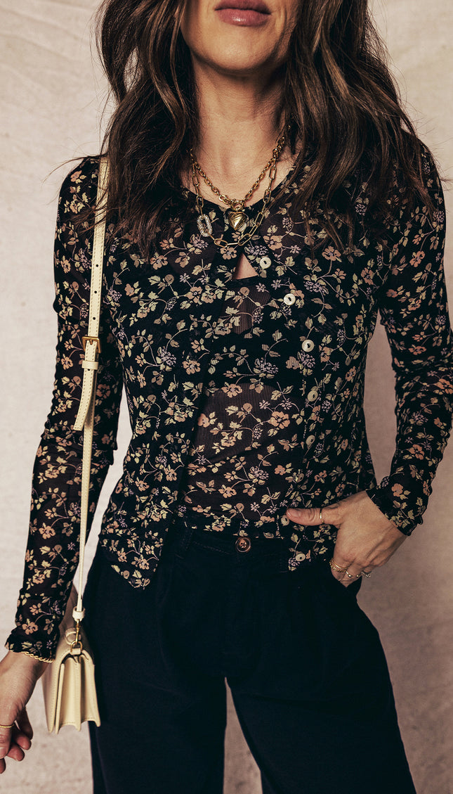 Black Floral Print Mesh Tank Button Front Slim Cardigan 2pcs Set - Sleekdenim.com
