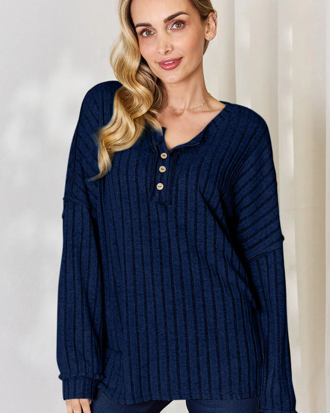 Basic Bae Full Size Ribbed Half Button Long Sleeve T-Shirt - Sleekdenim.com