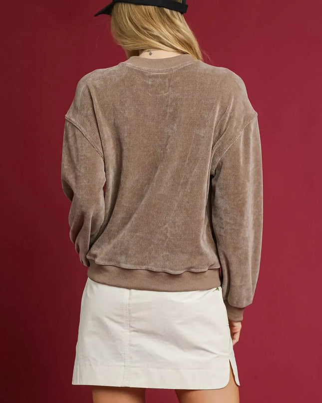 Umgee Velour Crewneck Balloon Sleeve Sweatshirt - Sleekdenim.com